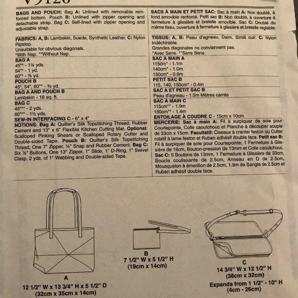 Sewing Pattern Vogue V9120 KATHERYN BRENNE DESIGN ORIGINAL Bag Tote Pouch Purse - Picture 2 of 7